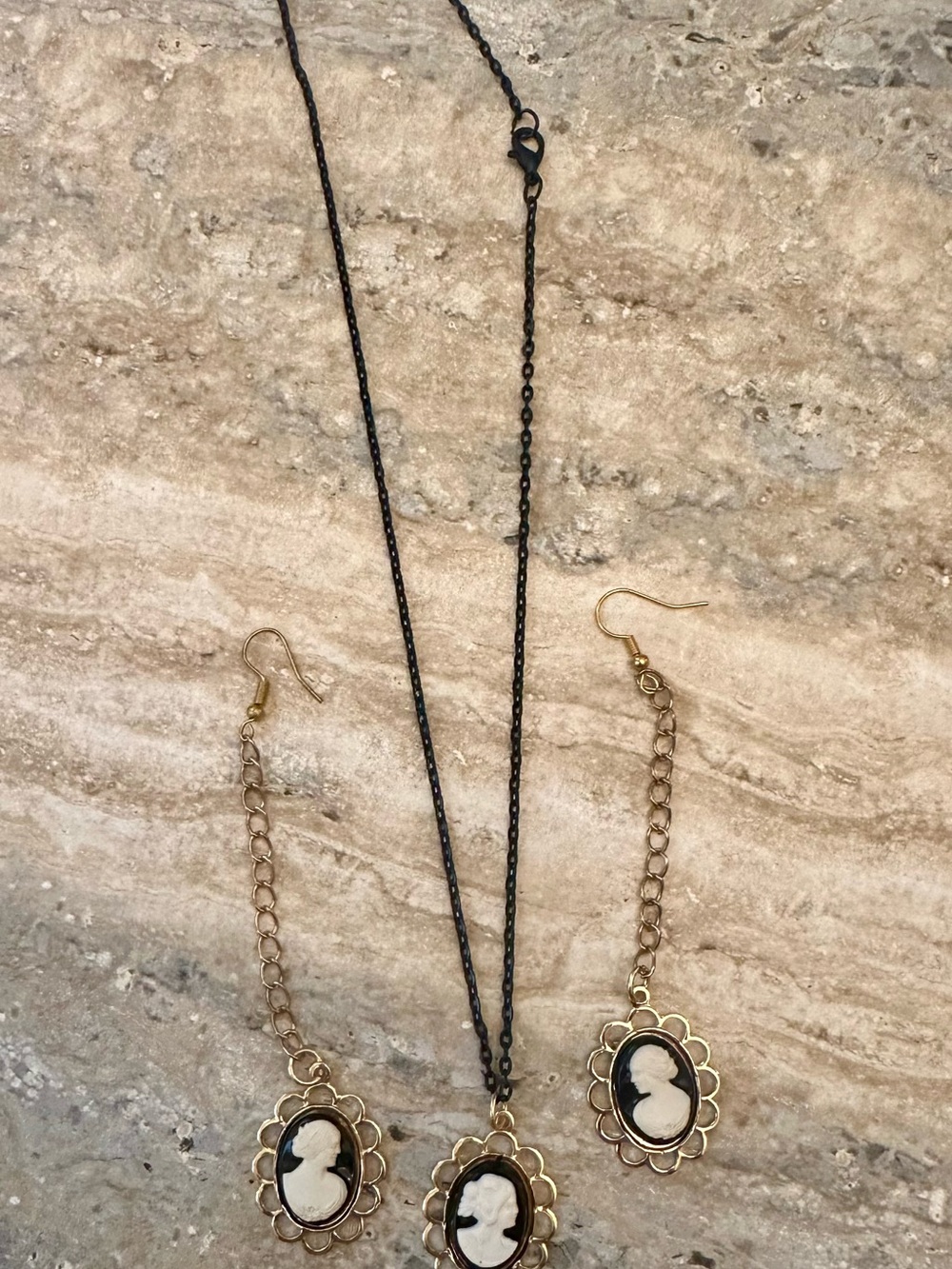 Vintage-Inspired Black and Gold Cameo Necklace and Earring Set